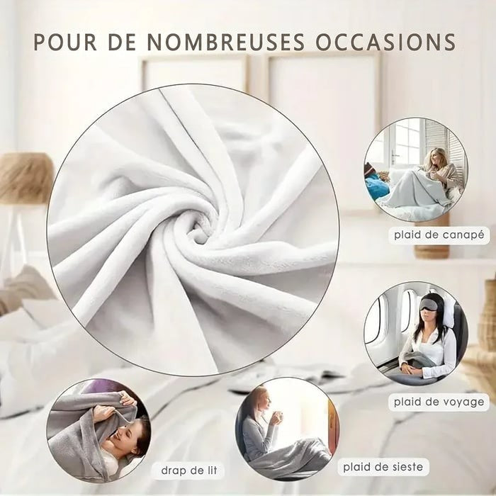 Gros plan du tissu blanc doux en spirale, avec petites vignettes d'usages: canapé, lit, sieste, voyage 7