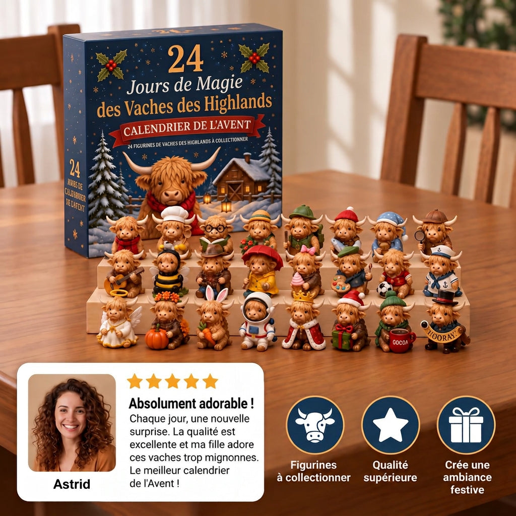 Boîte bleu nuit du calendrier devant les 24 figurines de vache en costumes, disposées sur trois gradins 1