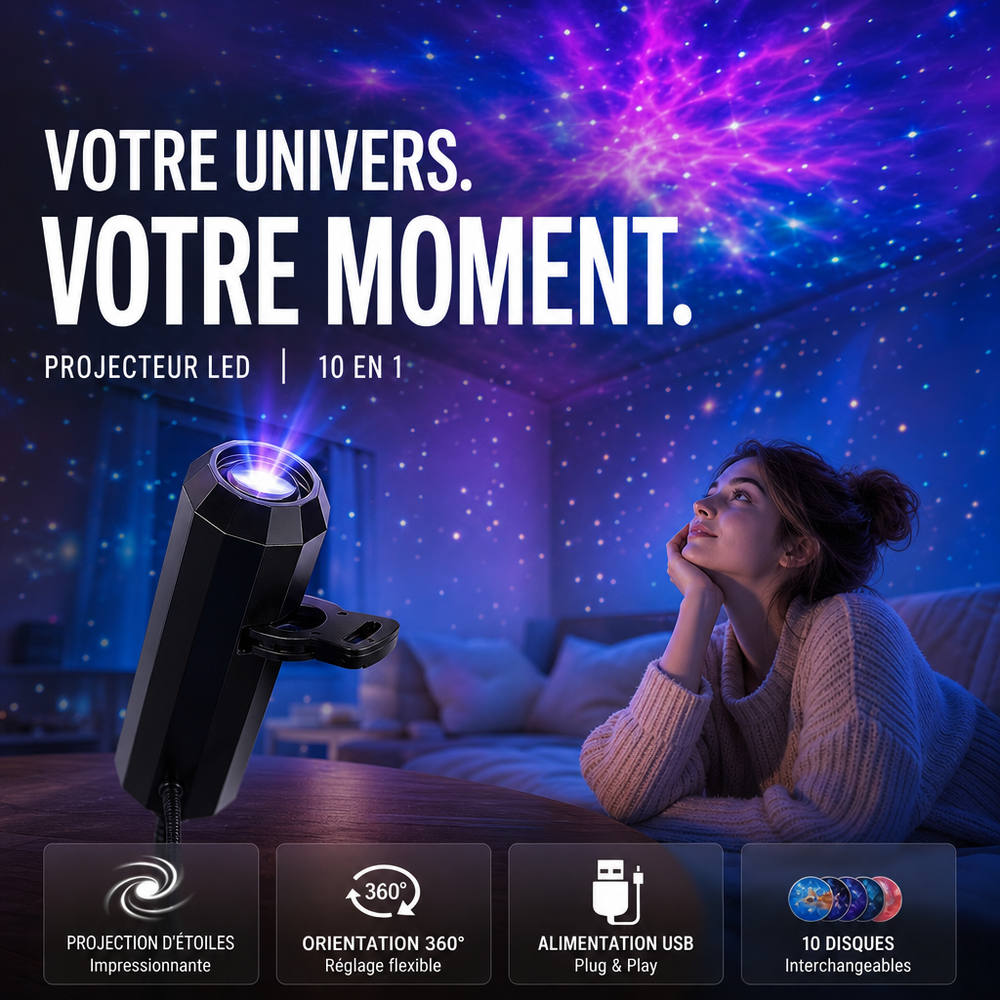 Projecteur noir à col articulé posé sur une table, une femme allongée regarde un ciel étoilé violet 2