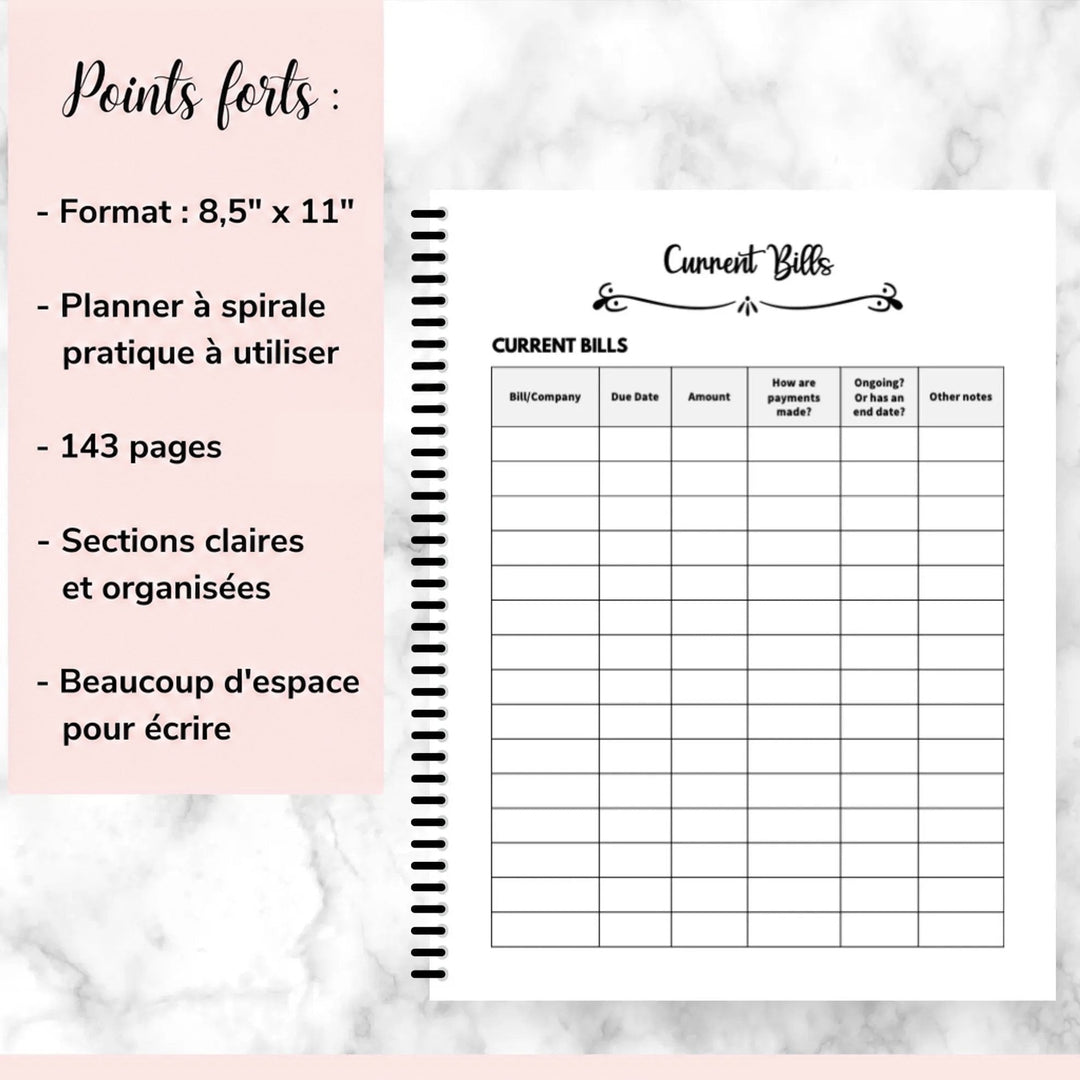 Carnet à spirale noire ouvert sur une page de tableau à remplir pour les factures en cours, avec une liste des caractéristiques à gauche. 9