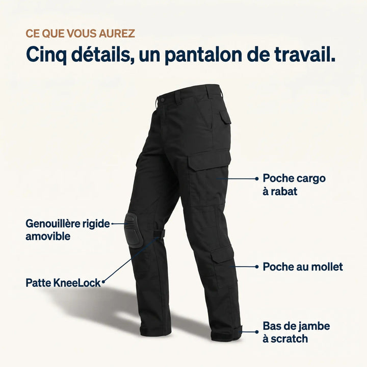 Schéma légendé du pantalon noir indiquant la poche cargo, la genouillère amovible, la languette de maintien, la poche de mollet et la manchette. 5