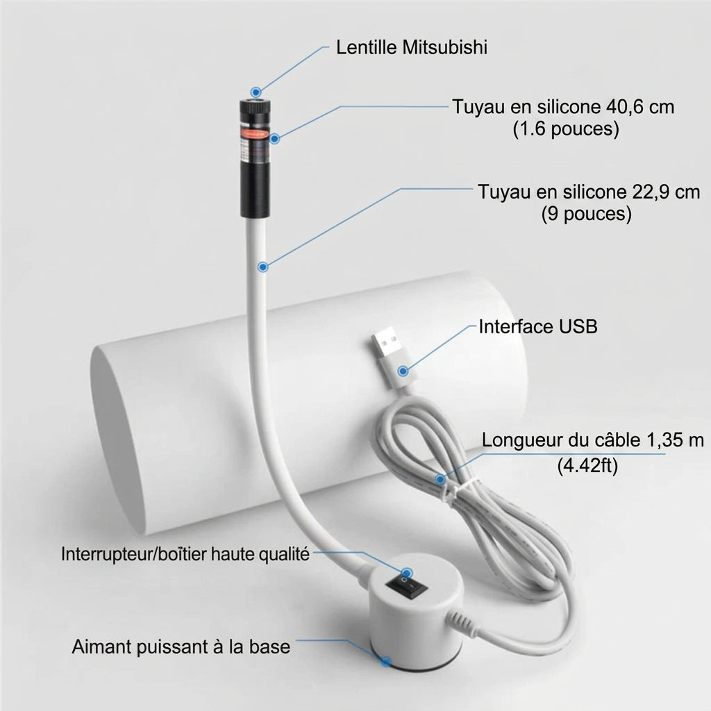 Guide laser blanc à tuyau flexible, interrupteur, base aimantée et câble USB enroulé, avec légendes des composants 4