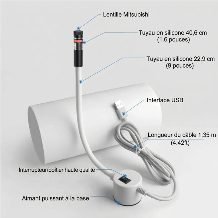 Guide laser blanc à tuyau flexible, interrupteur, base aimantée et câble USB enroulé, avec légendes des composants 4