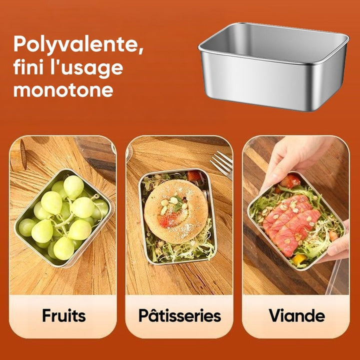 Contenant en inox seul en haut, puis trois usages en dessous : raisins, galette sur salade et tranches de viande crue sur salade. 6