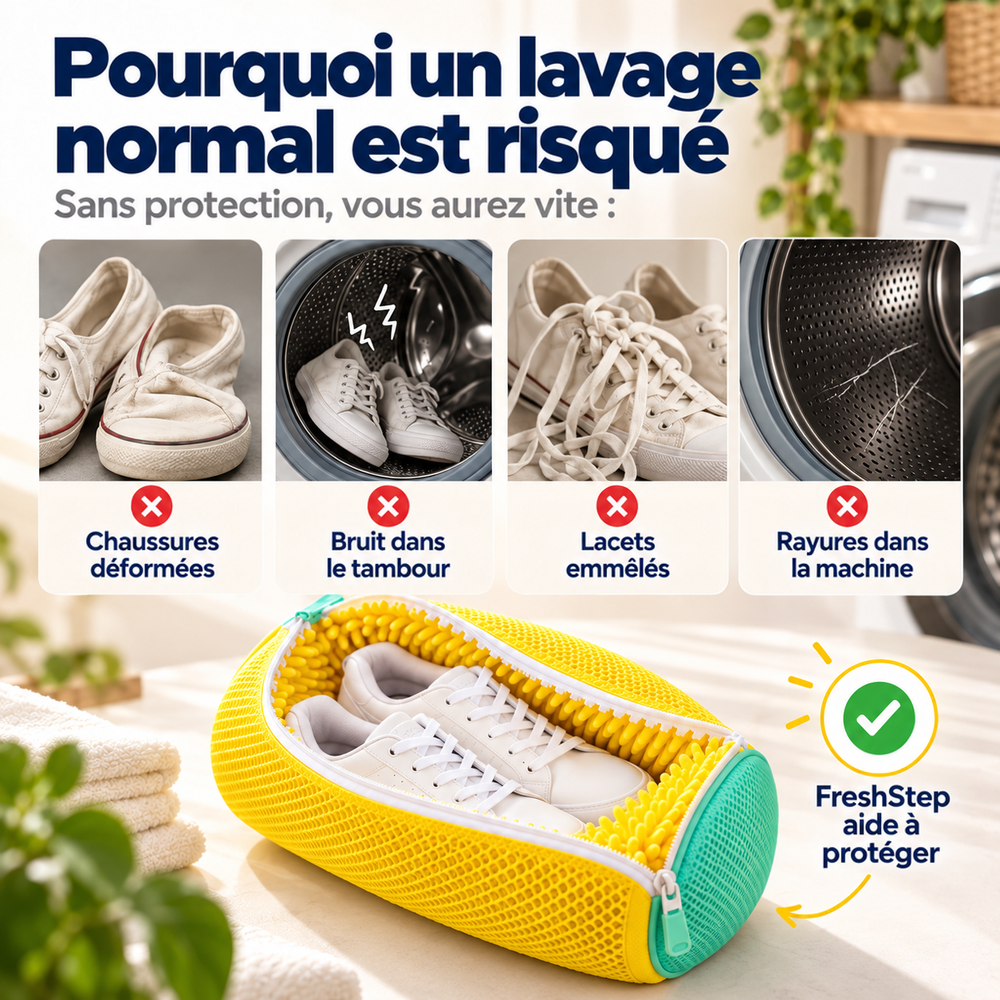 Comparaison des problèmes d'un lavage sans protection, avec le sac jaune ouvert contenant des baskets en bas 2