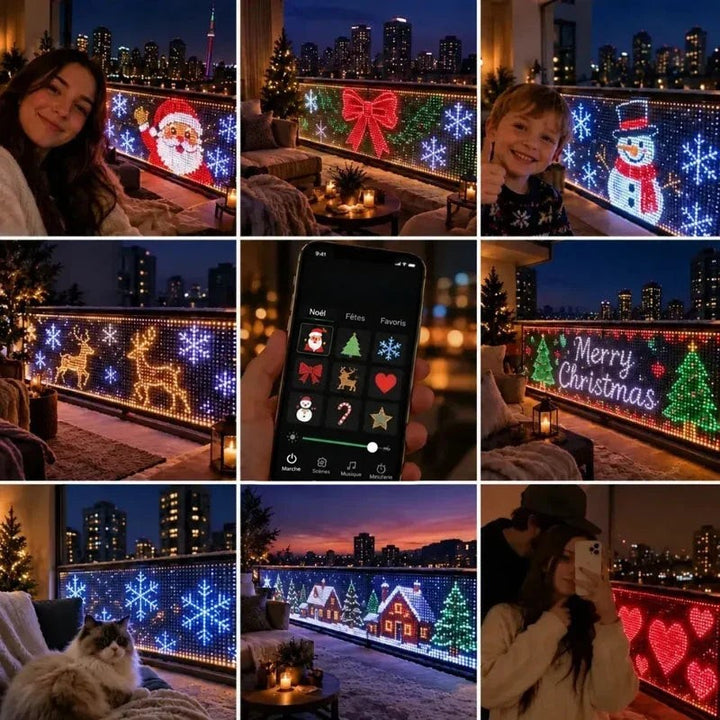 Montage de neuf scènes de balcon éclairé: Père Noël, renne, cœurs, application sur smartphone, famille et chat 6