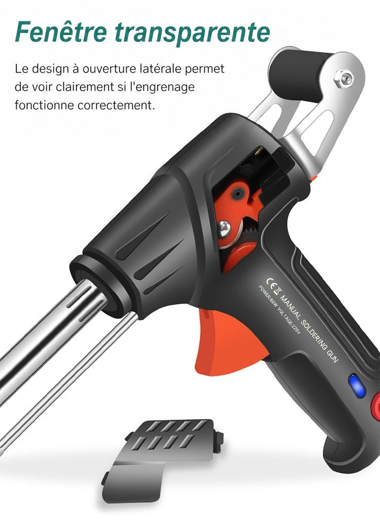 Pistolet avec le panneau latéral retiré, laissant voir les engrenages orange à l'intérieur du boîtier 7