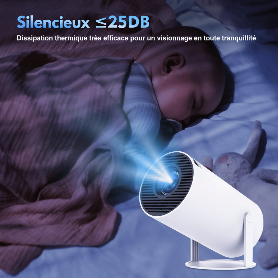 Bébé endormi sous une couverture, projecteur blanc au premier plan faisant un faisceau lumineux, thème du fonctionnement 11