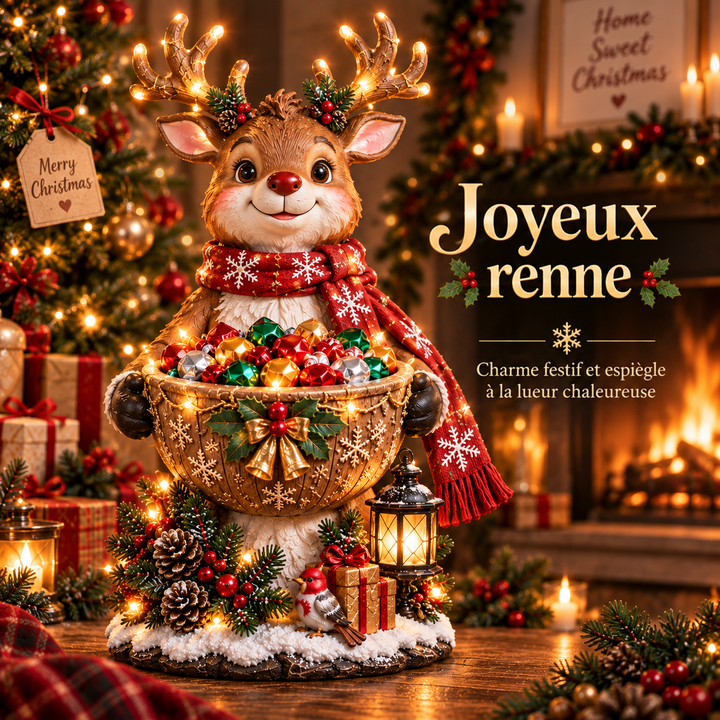 Figurine de renne à écharpe rouge tenant un bol de bonbons, entouré de sapin et de cadeaux 4