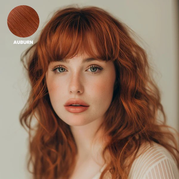 Femme aux taches de rousseur portant la frange en roux cuivré, cheveux ondulés, échantillon en médaillon 8