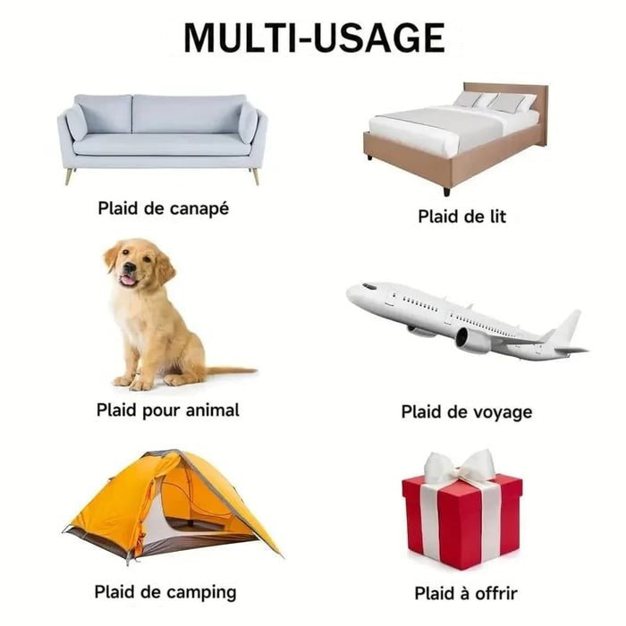 Schéma illustré des usages multiples: canapé, lit, animal, voyage, camping et cadeau 8