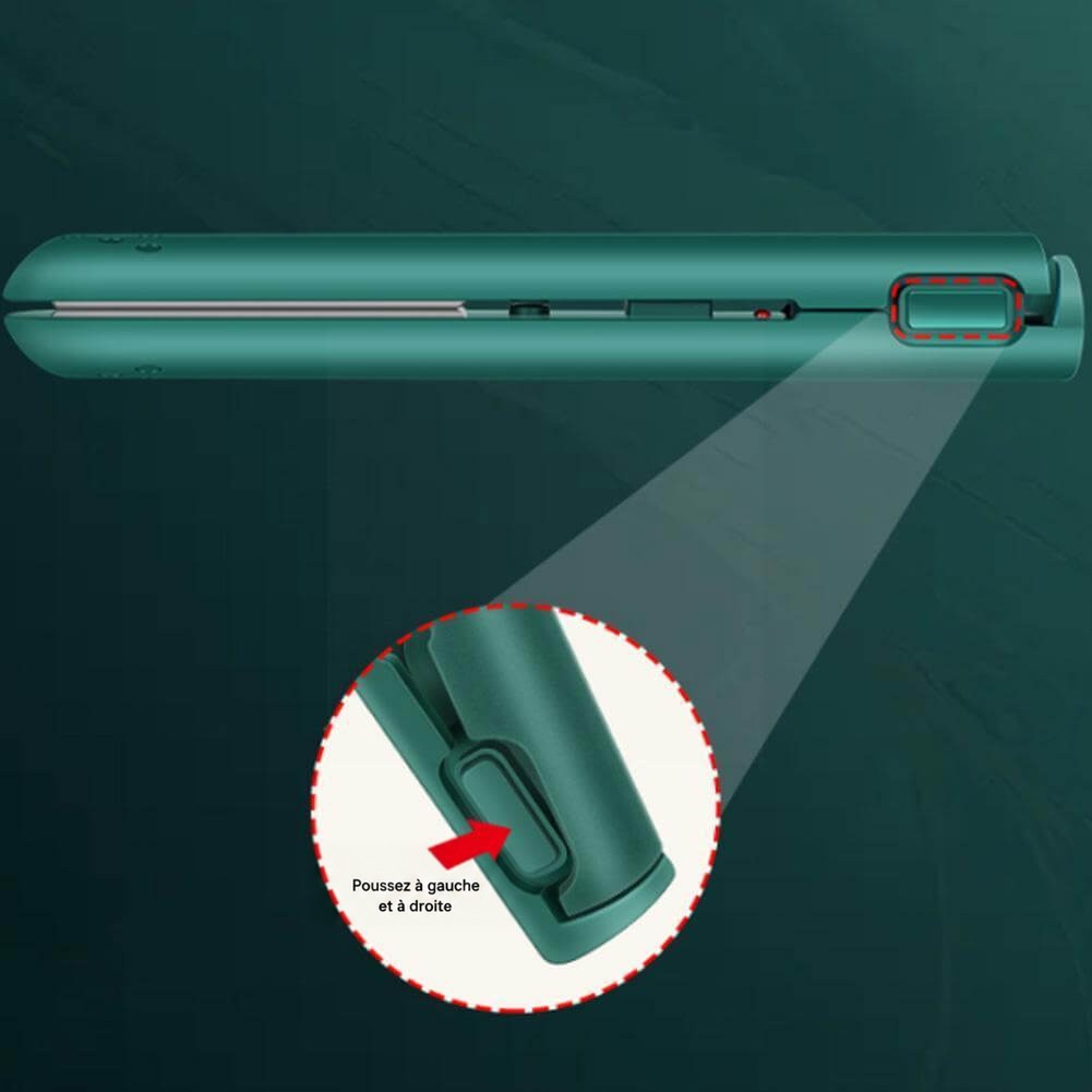 Lisseur vert avec zoom sur le bouton de verrouillage près de la charnière, repéré par un cercle pointillé et une flèche. 6