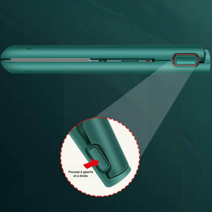 Lisseur vert avec zoom sur le bouton de verrouillage près de la charnière, repéré par un cercle pointillé et une flèche. 6