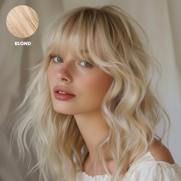 Femme de trois quarts avec la frange en blond clair, cheveux ondulés, échantillon de couleur en médaillon 3