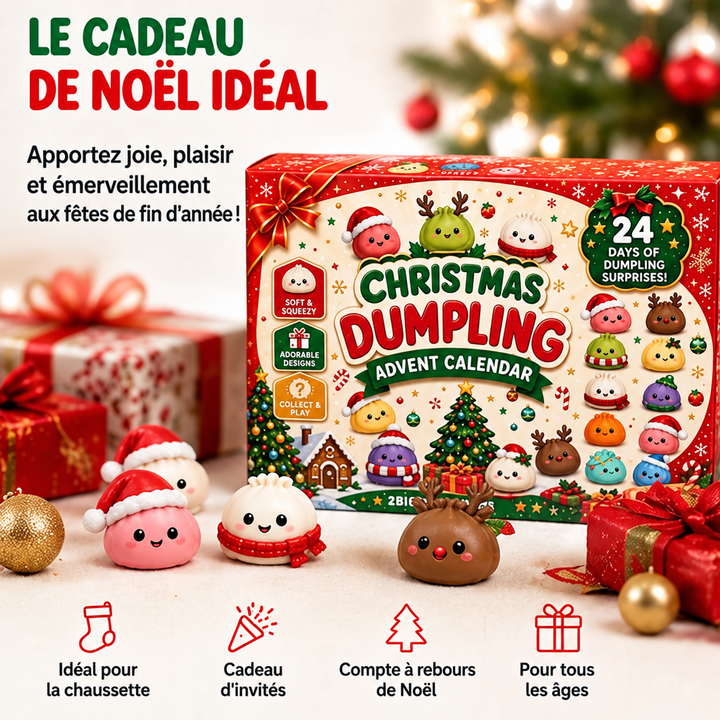Boîte du calendrier avec figurines en bonnet de Père Noël et bois de renne, parmi des paquets cadeaux 2