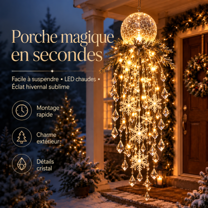 Modèle à globe lumineux blanc chaud suspendu près d'une porte d'entrée, avec flocons et gouttes en cristal 20