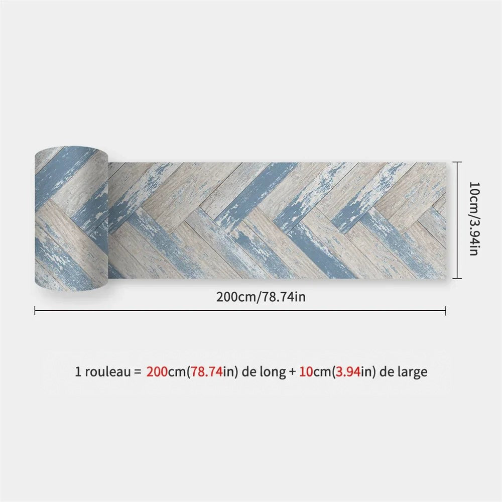 Rouleau imitation planches en chevrons bleu patiné et beige vieilli, avec cotes affichées 52