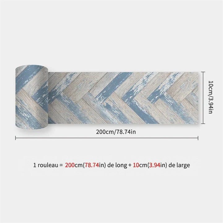 Rouleau imitation planches en chevrons bleu patiné et beige vieilli, avec cotes affichées 52