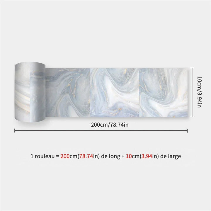Rouleau de bande autocollante à motif marbré gris bleuté veiné d'or, dimensions indiquées 21