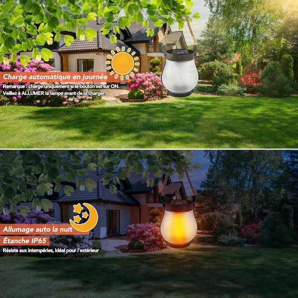 Lanterne en journée rechargée par le soleil, puis allumée la nuit dans le jardin d'une maison 11