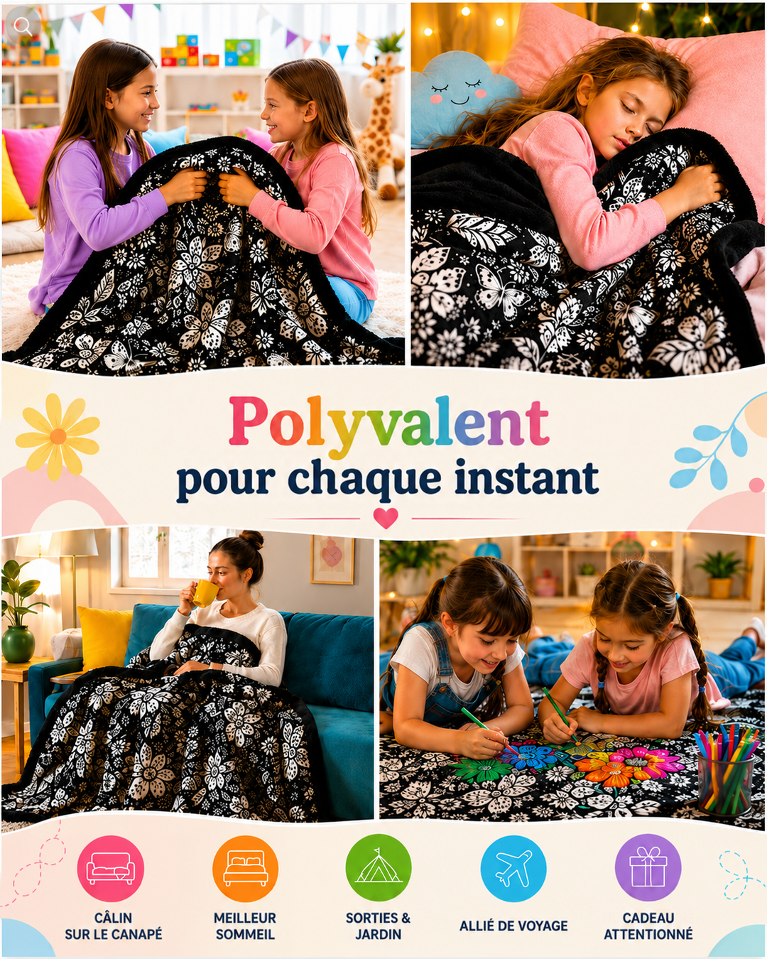 Montage de quatre scènes: câlin entre sœurs, sommeil, détente au salon avec une tasse, coloriage à deux enfants 5