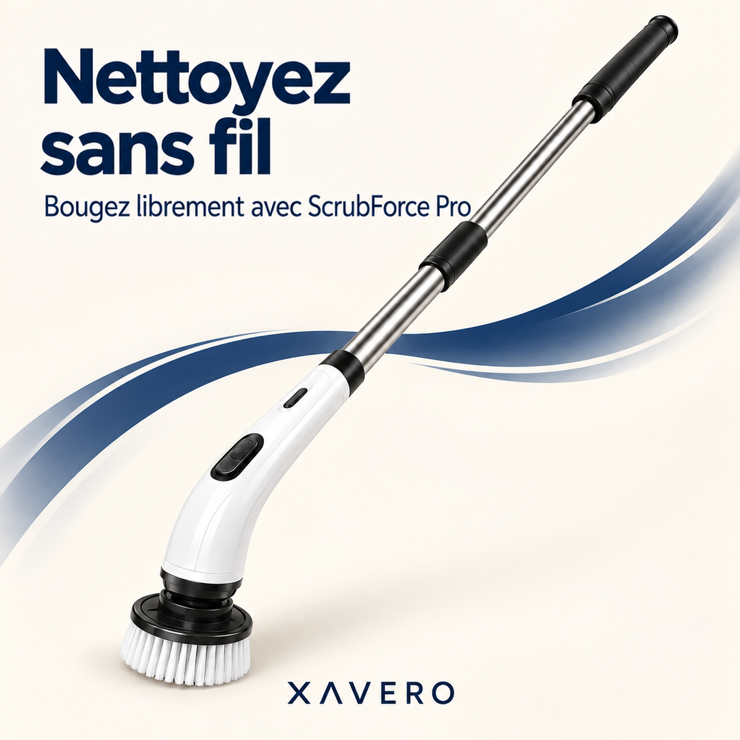 Nettoyeur blanc à manche télescopique présenté sur fond crème avec une vague bleue décorative 9