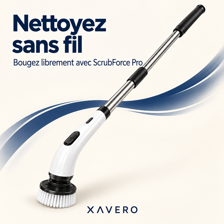 Nettoyeur blanc à manche télescopique présenté sur fond crème avec une vague bleue décorative 9