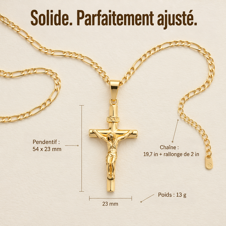 Collier doré à plat sur fond crème, avec cotes du pendentif, longueur de chaîne, rallonge et poids 6