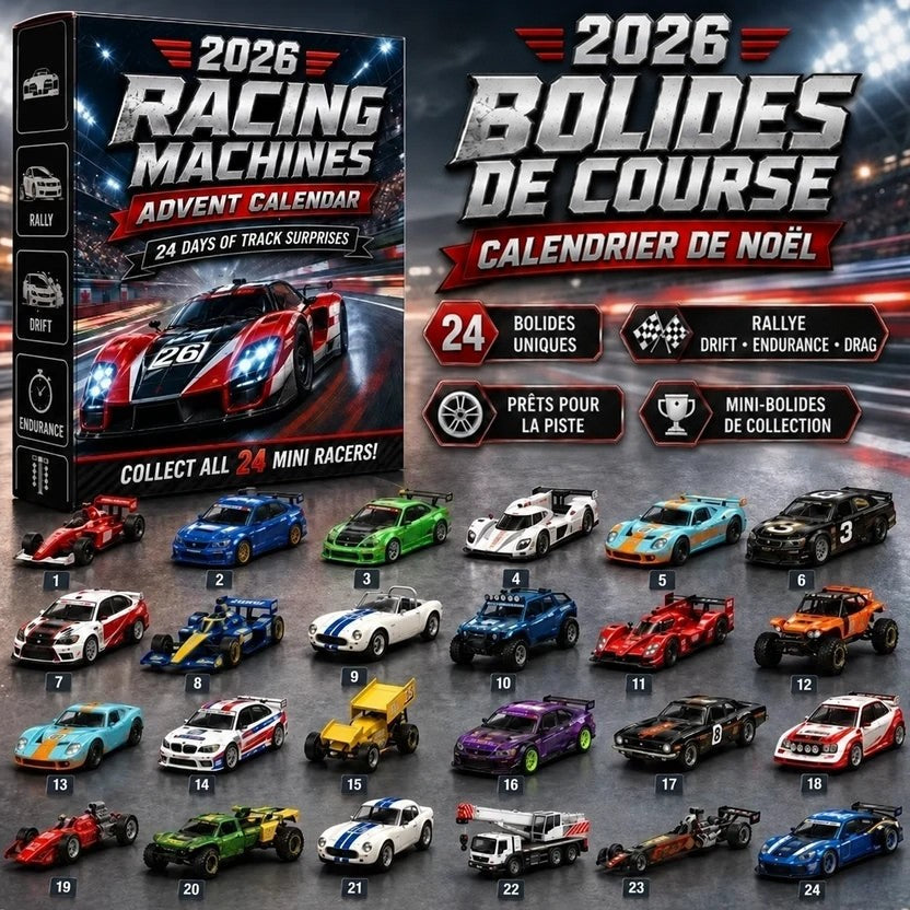Boîte des machines de course avec vingt-quatre miniatures numérotées: rallye, endurance, dragster, monoplace, buggy et 17
