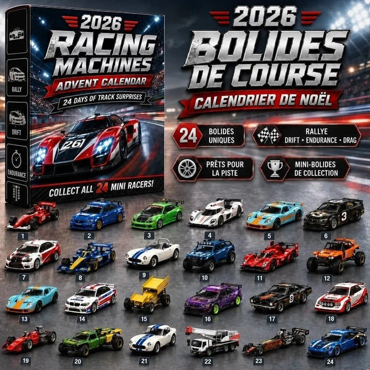 Boîte des machines de course avec vingt-quatre miniatures numérotées: rallye, endurance, dragster, monoplace, buggy et 17
