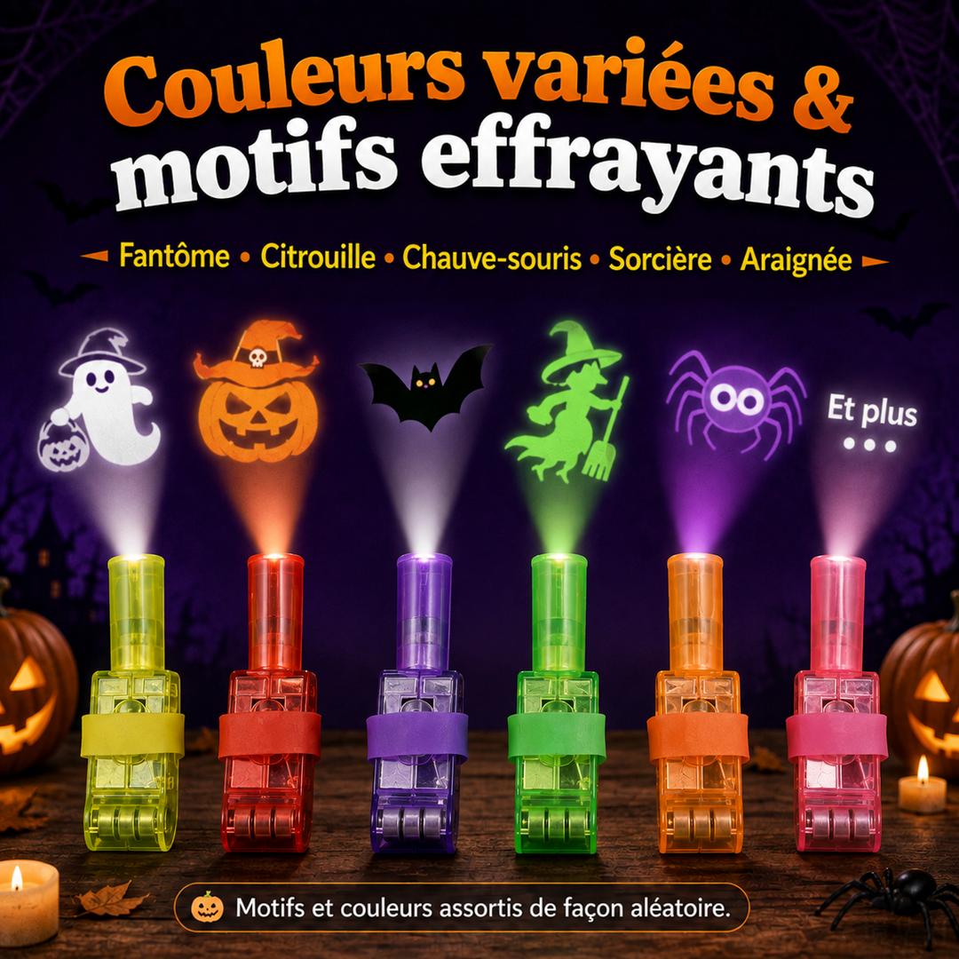 Six lampes de couleurs différentes allumées, chacune projetant un motif: fantôme, citrouille, chauve-souris, sorcière 7