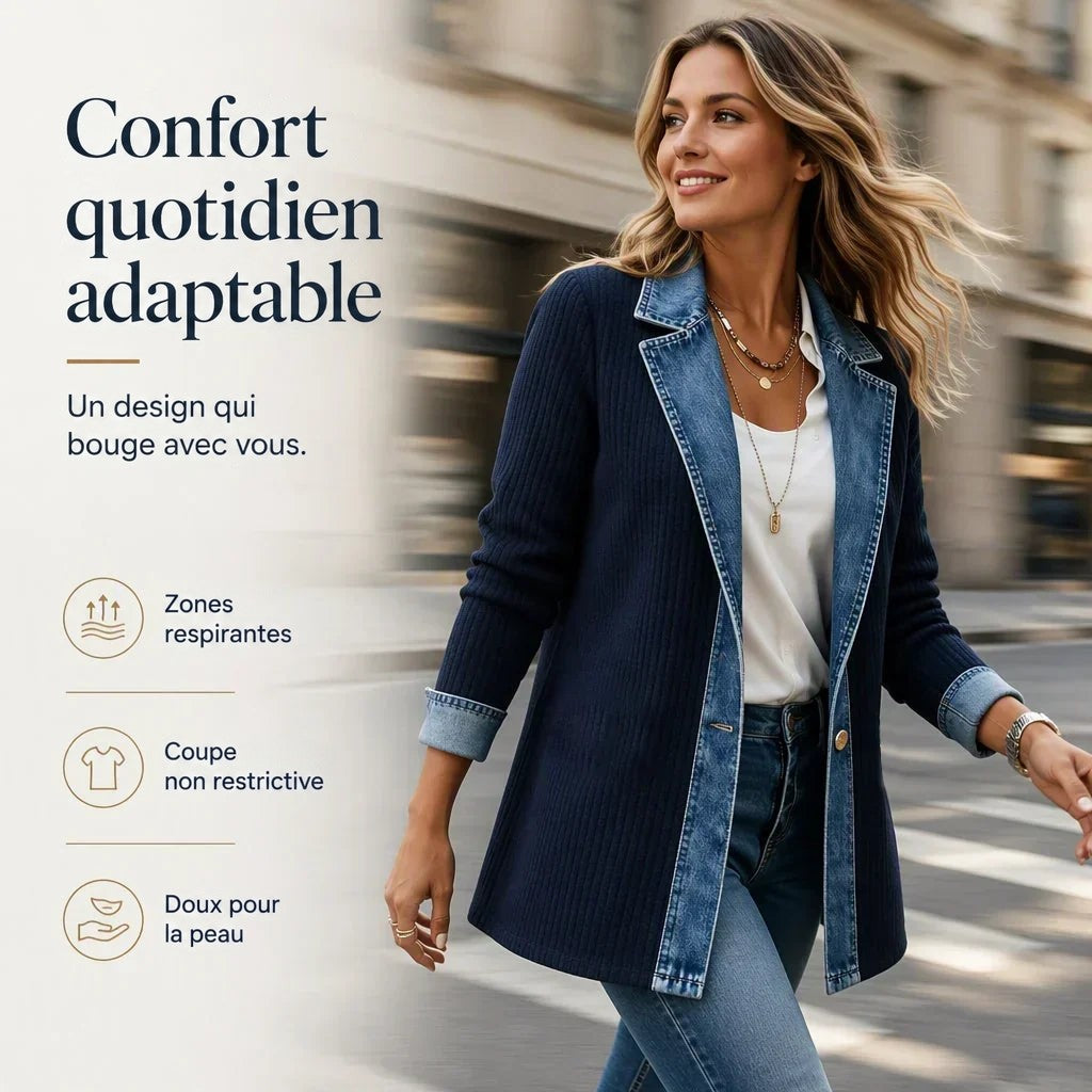 Femme en mouvement dans la rue portant la version bleu marine à revers denim, avec trois pictogrammes 11
