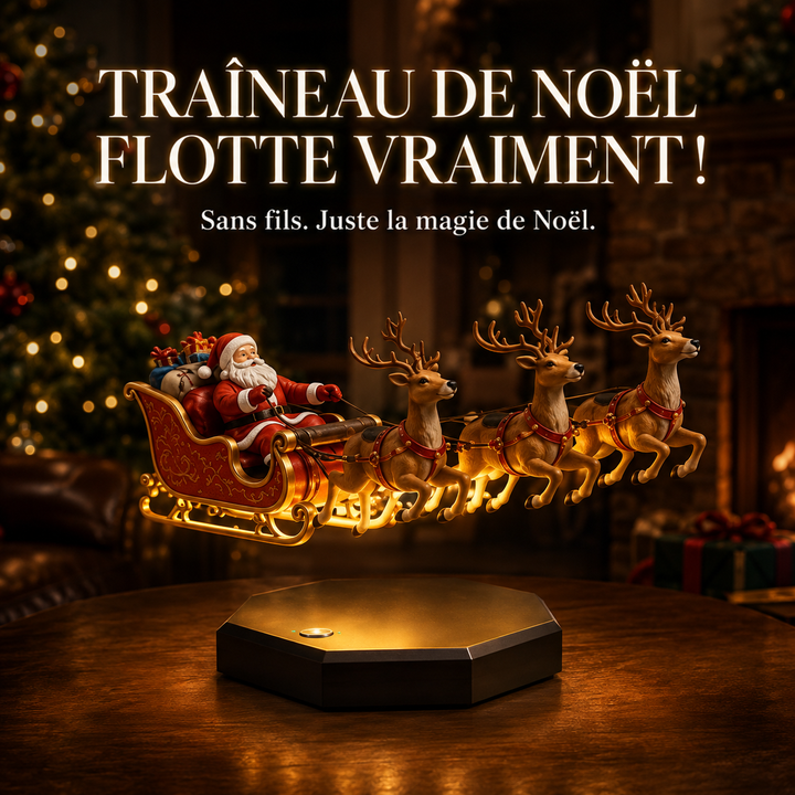 Père Noël en traîneau rouge et or lévitant au-dessus d'un socle octogonal, devant un sapin illuminé 1