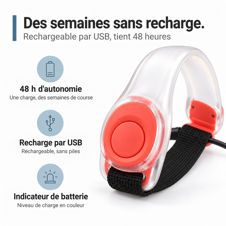 Brassard rouge vu de près avec sangle noire et câble branché, pictogrammes de batterie USB 5