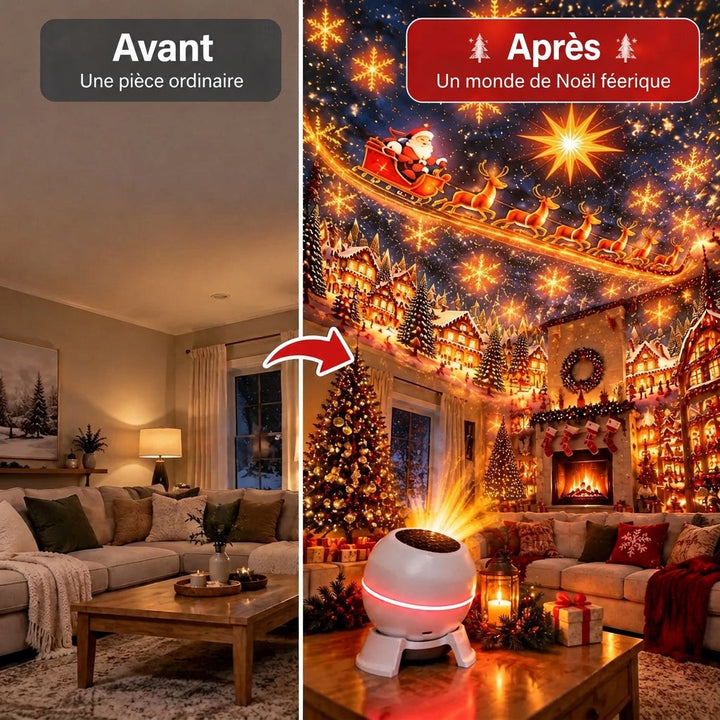 Comparaison avant-après d'un salon ordinaire transformé en décor de Noël lumineux grâce à la projection 2