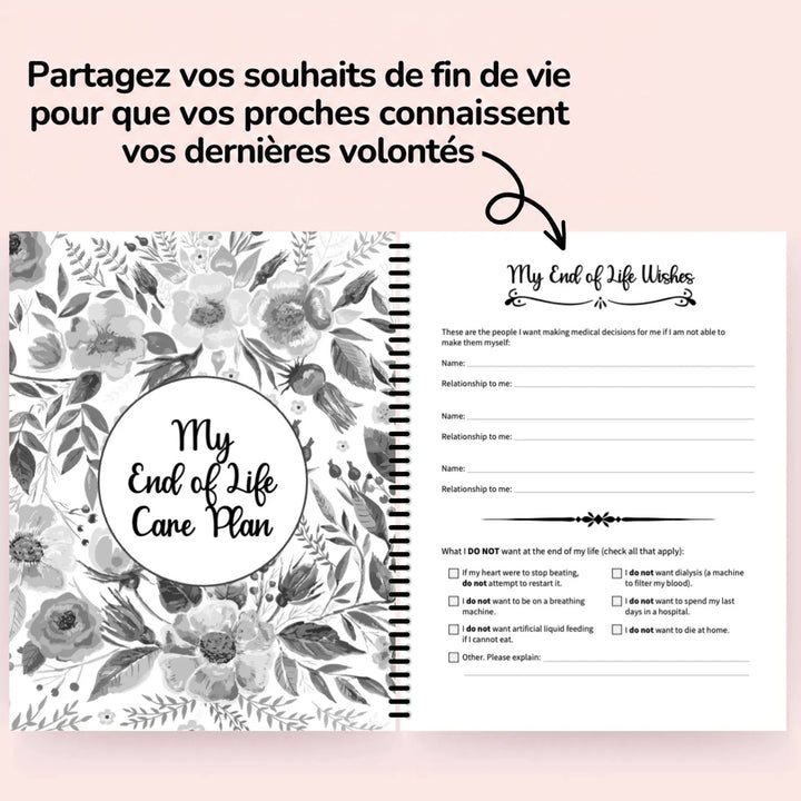 Carnet ouvert sur fond rose, avec la couverture fleurie de la section soins de fin de vie et la page des volontés médicales à cocher. 7