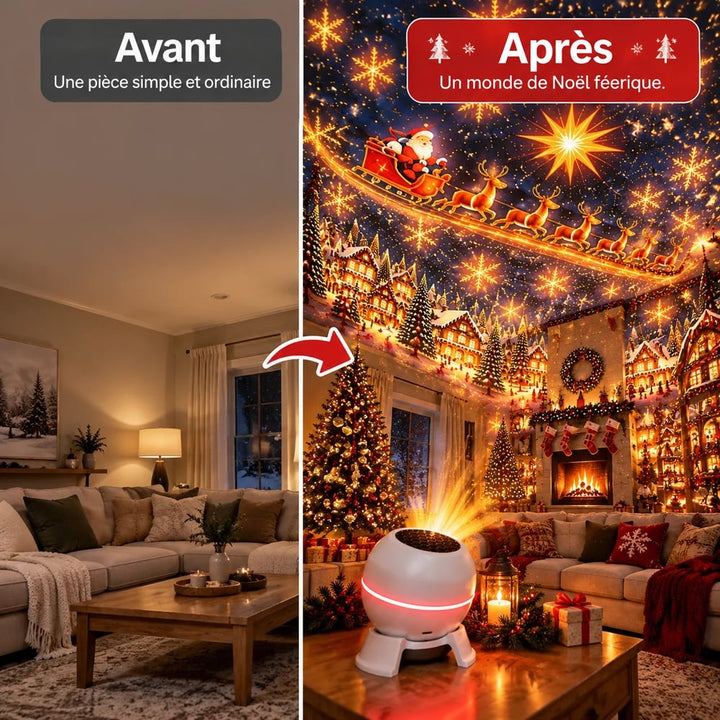 Comparaison avant-après d'un salon : pièce ordinaire, puis décor de Noël projeté sur le plafond et les murs 3