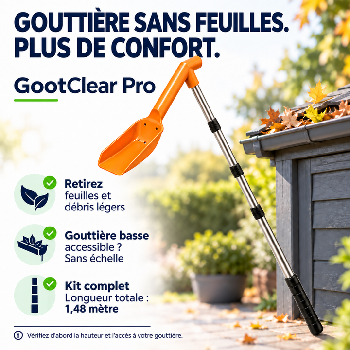 Pelle orange au bout d'une perche en métal appuyée contre un abri, devant une gouttière pleine de feuilles 1