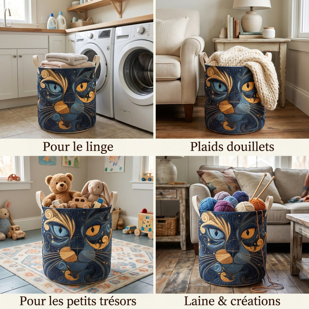 Quatre mises en situation du panier : pour le linge près des machines, des plaids, des jouets d'enfant et des pelotes de laine. 2