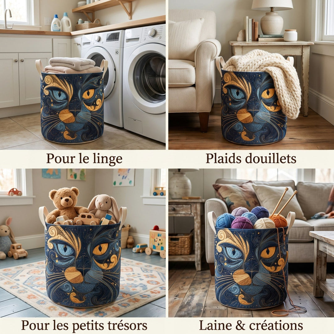 Quatre mises en situation du panier : pour le linge près des machines, des plaids, des jouets d'enfant et des pelotes de laine. 2