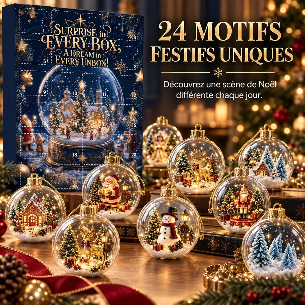 Boîte bleu nuit à portes numérotées devant huit boules transparentes, chacune abritant une scène de Noël différente 1