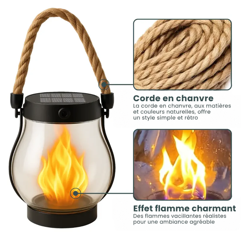 Lanterne en verre à anse en corde, avec gros plans sur la corde et la flamme 3