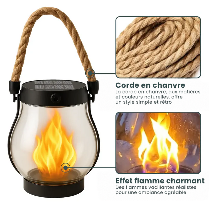 Lanterne en verre à anse en corde, avec gros plans sur la corde et la flamme 3