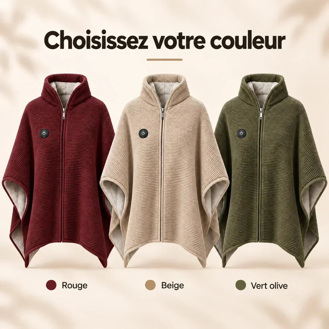 Trois ponchos chauffants à fermeture éclair côte à côte, en rouge, beige et vert olive 3