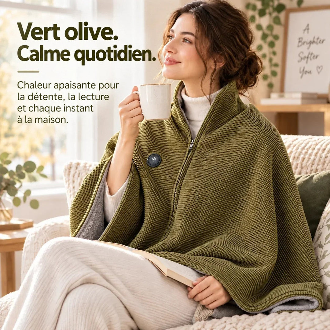Femme sur un canapé, la couverture vert olive sur les épaules, tasse en main et livre ouvert 8