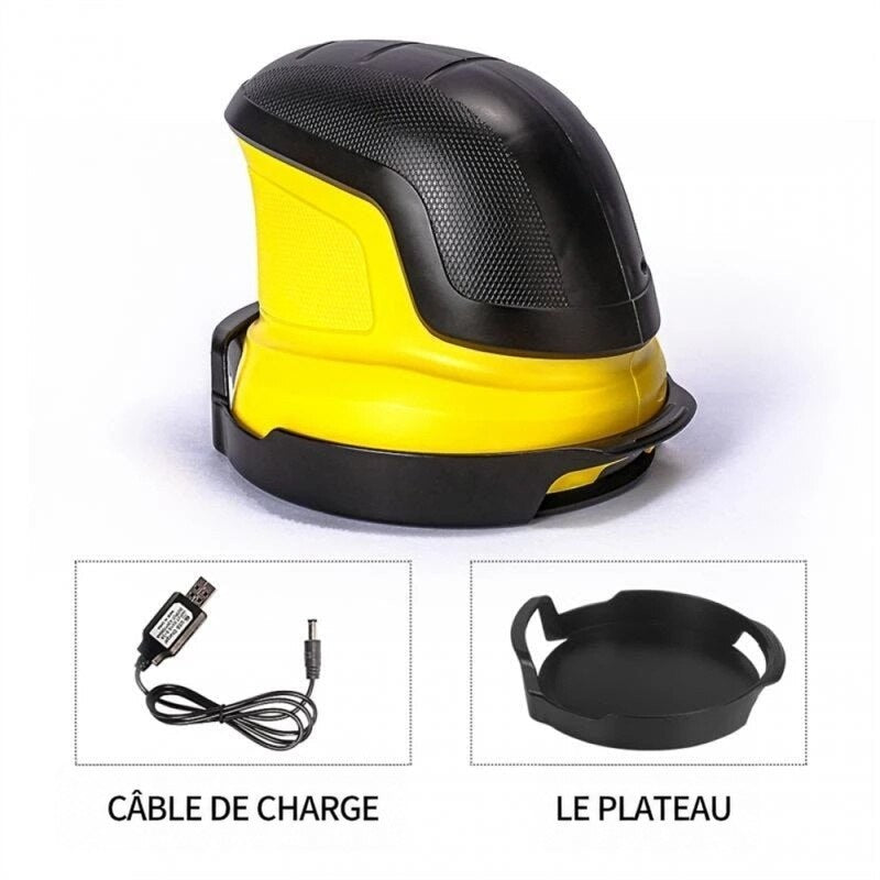 Gratte-glace sur son socle noir, avec le câble de charge USB et le plateau présentés dessous 6