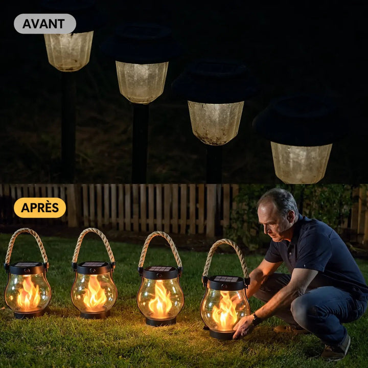 Comparatif avant-après : lampes de jardin ternes, puis quatre lanternes à flamme sur la pelouse avec un homme 4