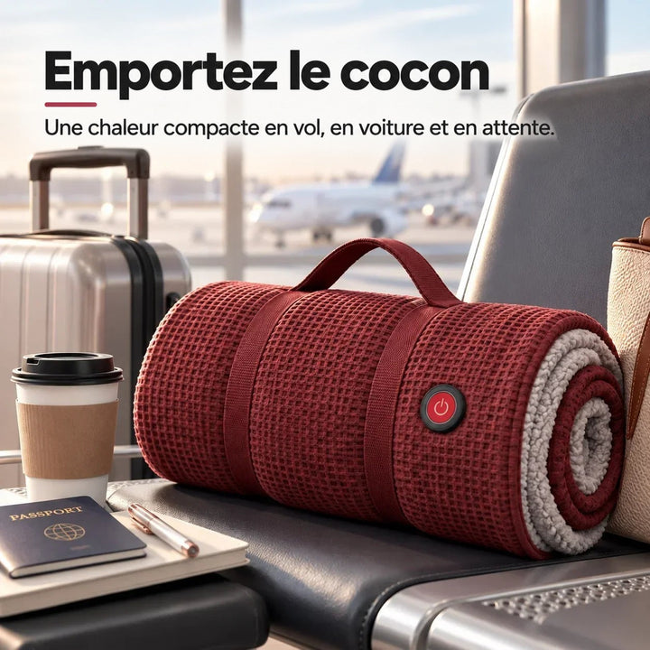 Couverture rouge roulée avec sangles et poignée, posée sur un siège d'aéroport près d'une valise 12