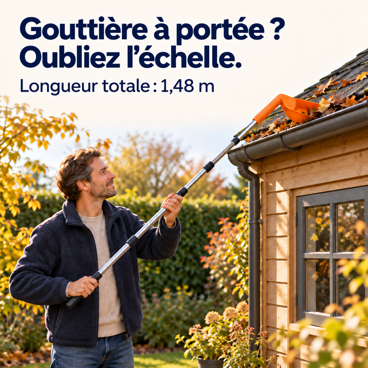 Homme souriant nettoyant depuis le sol la gouttière d'un abri en bois avec la perche, sans échelle 6