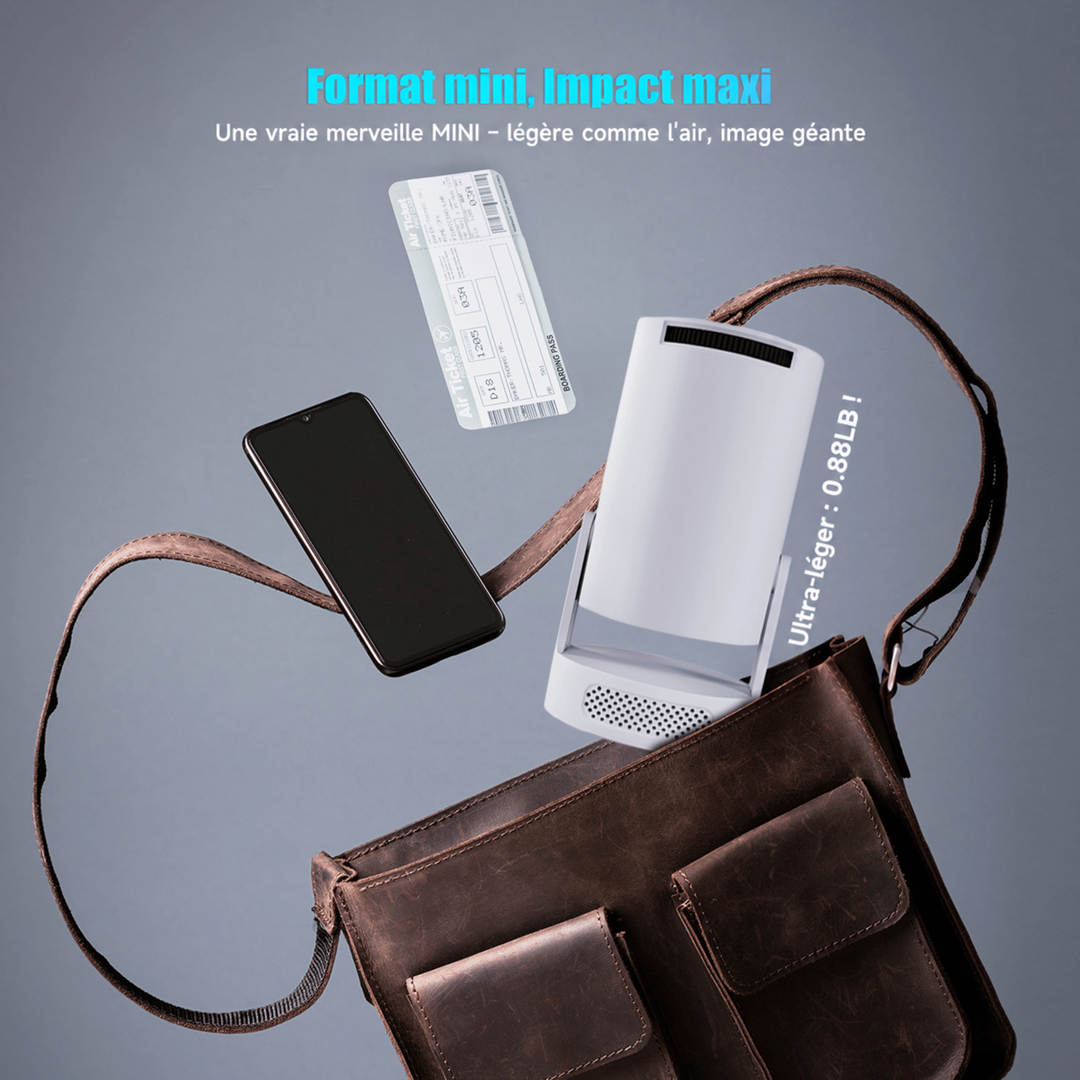 Projecteur debout sortant d'un sac en cuir marron, avec smartphone et carte d'embarquement en suspension, thème de la 17